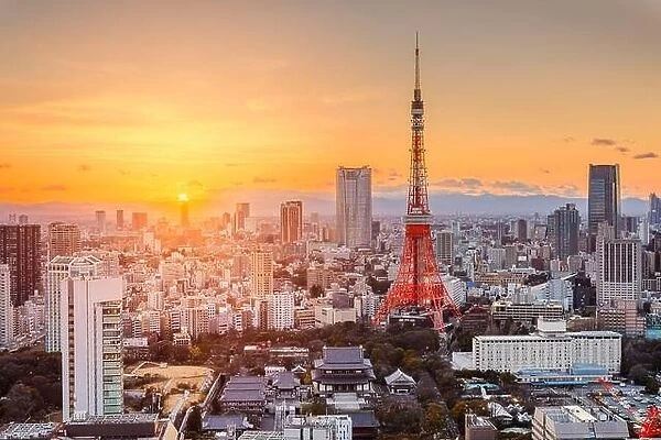Tokyo, Japan modern urban skyline at sunset overlooking the tower