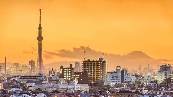 Framed Print : Tokyo, Japan neighborhoods and cityscape at dusk with the tower and Mt. Fuji in the distance Framed Print : Tokyo, Japan neighborhoods and cityscape at dusk with the tower and Mt. Fuji in the distance