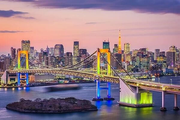 Tokyo, Japan skyline on the bay with Rainbow Bridge