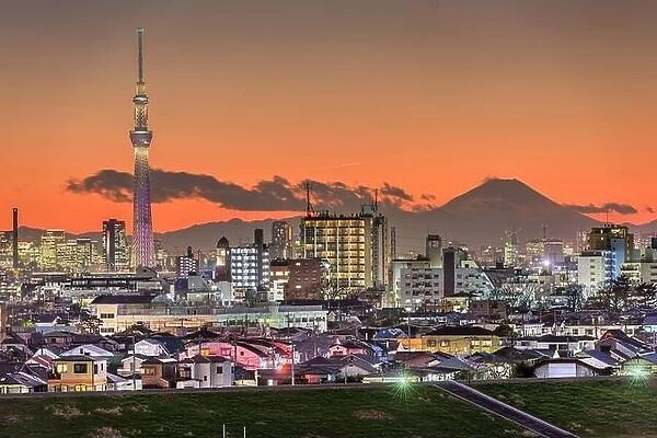 Tokyo, Japan skyline with Mt. Fuji and famous towers at dusk