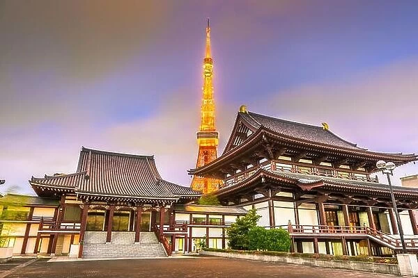 Tokyo, Japan tower and temple at dusk in autumn