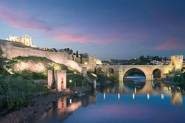 Toledo city during twilight night. Landscape of Toledo, UNESCO World Heritage. Historical building near Madrid, Spain