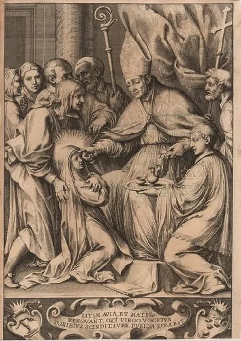 Framed Print : Toribio Alfonso Mogrovejo confirms Rose of Lima. Museum: PRIVATE COLLECTION. Author: ANONYMOUS Framed Print : Toribio Alfonso Mogrovejo confirms Rose of Lima. Museum: PRIVATE COLLECTION. Author: ANONYMOUS