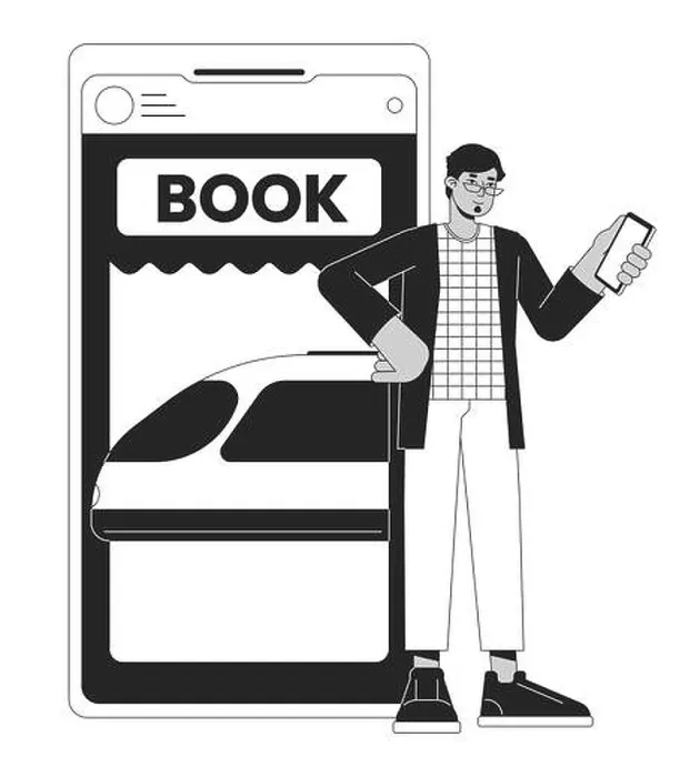 Framed Print : Tourist buying tickets on train bw concept vector spot illustration Framed Print : Tourist buying tickets on train bw concept vector spot illustration