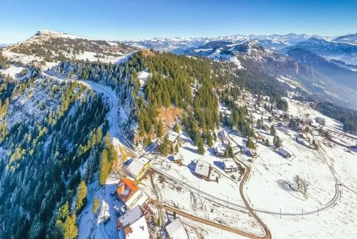 Framed Print : Top tourist spots in Switzerland. Rigi railway. Kaltbad Village. Aerial view Framed Print : Top tourist spots in Switzerland. Rigi railway. Kaltbad Village. Aerial view