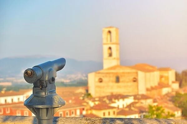 Tourist telescope eyepiece. Travel tourist destination landscape magnification