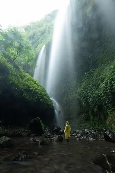 Framed Print : A tourist wearing a yellow raincoat is admiring the stunning Madikaripura waterfalls Framed Print : A tourist wearing a yellow raincoat is admiring the stunning Madikaripura waterfalls