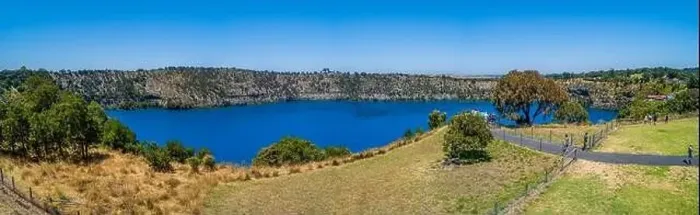 Framed Print : Tourists on viewing platform at the Blue Lake in Mount Gambier, South Australia - wide aerial panorama Framed Print : Tourists on viewing platform at the Blue Lake in Mount Gambier, South Australia - wide aerial panorama