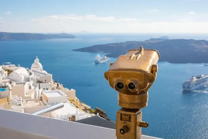 Framed Print : Tower Optical, viewfinder in Santorini during the day. Tourist binoculars, Touristic telescope look at the sea from town in Santorini island. Summer Framed Print : Tower Optical, viewfinder in Santorini during the day. Tourist binoculars, Touristic telescope look at the sea from town in Santorini island. Summer