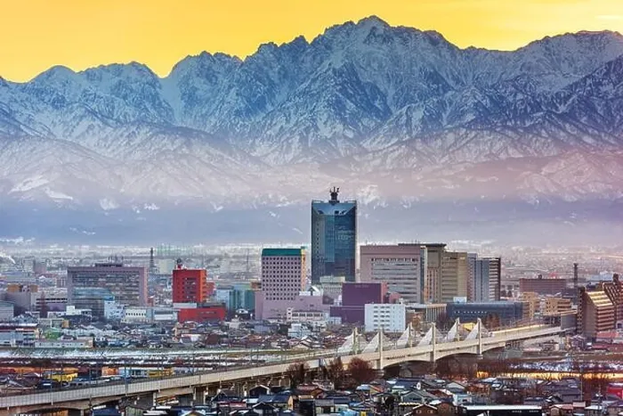 Framed Print : Toyama, Japan downtown city skyline with Tateyama Mountain at dawn Framed Print : Toyama, Japan downtown city skyline with Tateyama Mountain at dawn