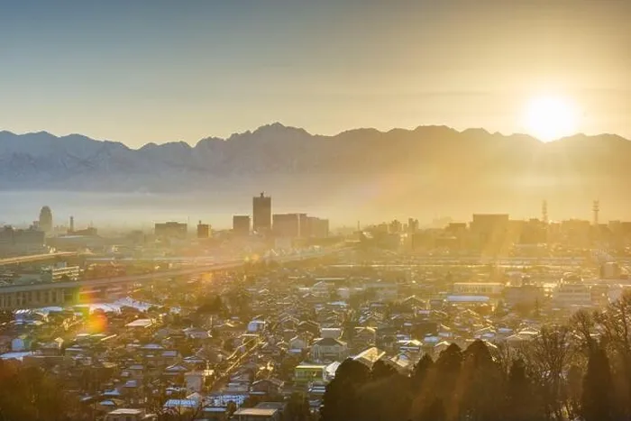 Framed Print : Toyama, Japan downtown city skyline with Tateyama Mountain at dawn Framed Print : Toyama, Japan downtown city skyline with Tateyama Mountain at dawn
