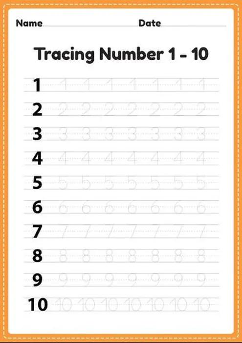 Framed Print : Tracing number 1-10 worksheet for kindergarten Framed Print : Tracing number 1-10 worksheet for kindergarten