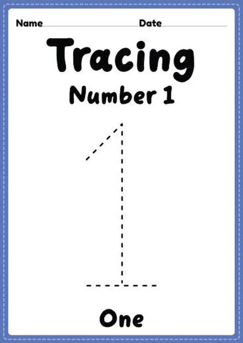 Framed Print : Tracing number 1 worksheet for kindergarten Framed Print : Tracing number 1 worksheet for kindergarten