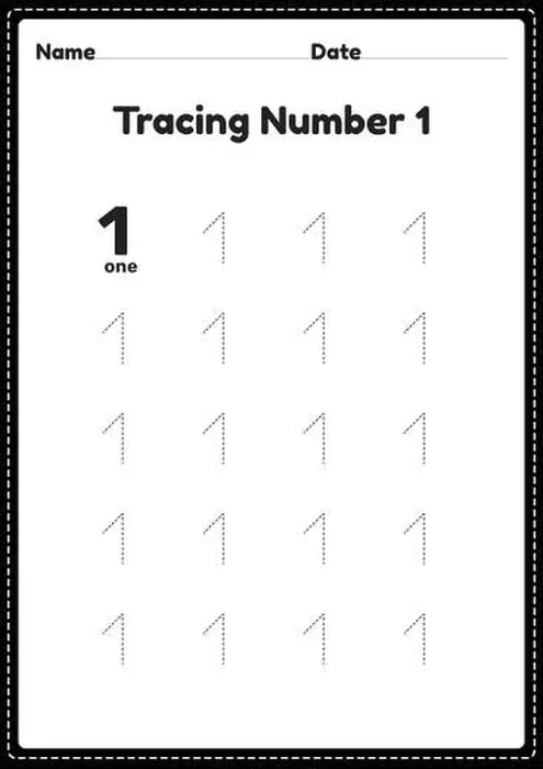 Framed Print : Tracing number 1 worksheet for kindergarten and preschool kids for educational practice in a printable page Framed Print : Tracing number 1 worksheet for kindergarten and preschool kids for educational practice in a printable page