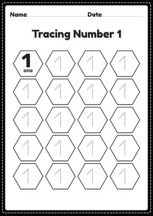 Framed Print : Tracing number 1 worksheet for kindergarten and preschool kids for educational practice in a printable page