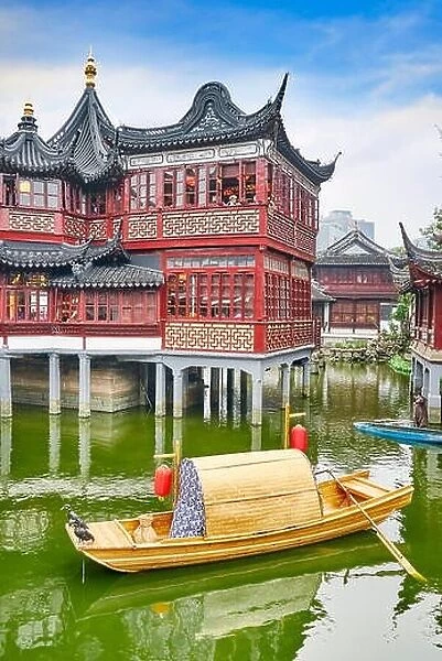 Traditional chinese wooden boat in Yuyuan Garden, Shanghai, China