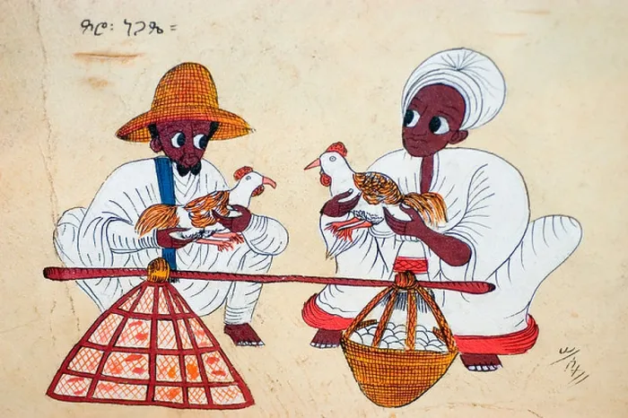 Framed Print : Traditional Ethiopian painting scene with market chicken and eggs, illustrating daily life and folk art in Ethiopia Framed Print : Traditional Ethiopian painting scene with market chicken and eggs, illustrating daily life and folk art in Ethiopia