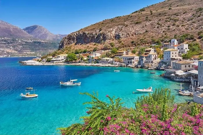 Framed Print : Traditional fishing village Limeni, blooming flowers decoration, Mani, Peloponnese, Greece Framed Print : Traditional fishing village Limeni, blooming flowers decoration, Mani, Peloponnese, Greece