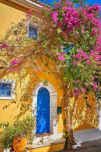 Traditional greek house with flowers, Assos village, Kefalonia Island, Greece