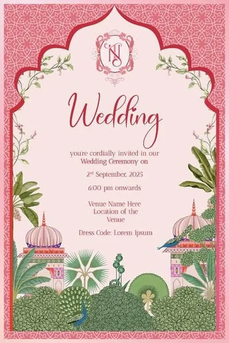 Framed Print : Traditional Indian Mughal Wedding Day Invitation Card Design with arch, NT monogram with crest, Mughal Decorated Dome, Red background tropical tree Framed Print : Traditional Indian Mughal Wedding Day Invitation Card Design with arch, NT monogram with crest, Mughal Decorated Dome, Red background tropical tree