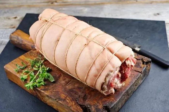 Framed Print : Traditional raw Filipino lechon kawali pork belly roll meat as piece Framed Print : Traditional raw Filipino lechon kawali pork belly roll meat as piece
