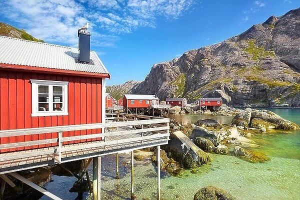 Traditional red fishermen's huts rorbu, Lofoten Island, Norway