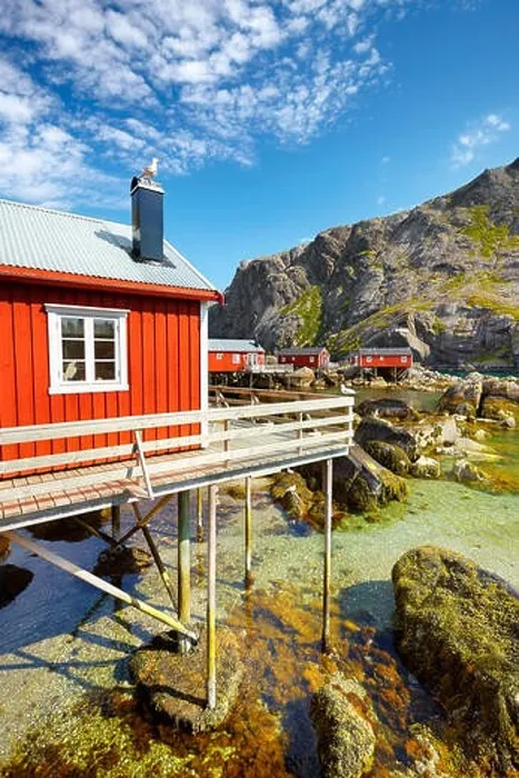 Framed Print : Traditional red wooden fishermen's huts rorbu, Lofoten Island, Norway Framed Print : Traditional red wooden fishermen's huts rorbu, Lofoten Island, Norway