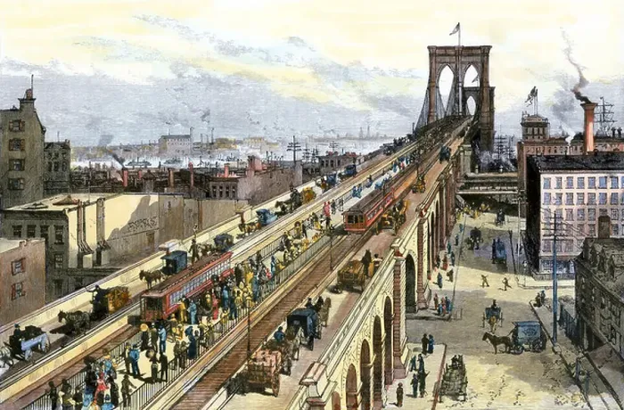 Framed Print : Traffic on the Brooklyn Bridge seen from the Manhattan side just after it opened in 1883. Hand-colored woodcut Framed Print : Traffic on the Brooklyn Bridge seen from the Manhattan side just after it opened in 1883. Hand-colored woodcut