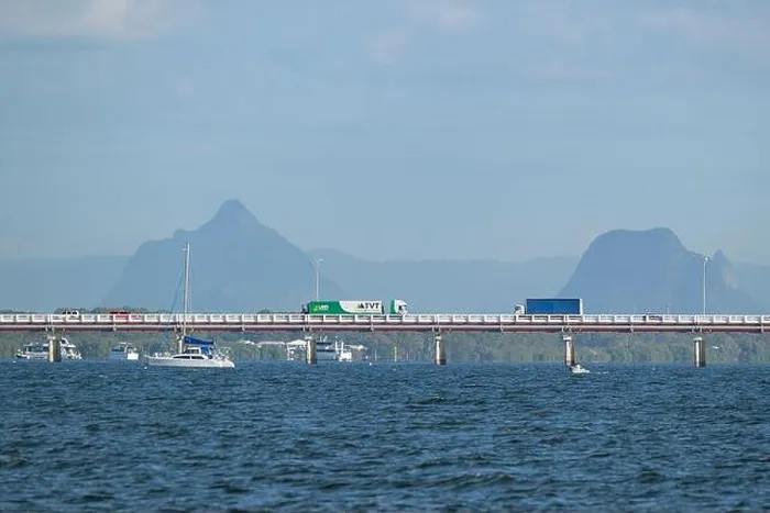 Framed Print : Traffic going over Bribie Island Bridge seen from Bongaree, Queensland, QLD, Australia Framed Print : Traffic going over Bribie Island Bridge seen from Bongaree, Queensland, QLD, Australia