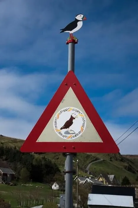 Framed Print : Traffic sign near the road end of Runde island at the West coast of Norway with Atlantic Puffin shown Framed Print : Traffic sign near the road end of Runde island at the West coast of Norway with Atlantic Puffin shown