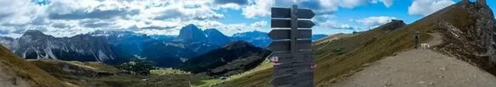 Framed Print : Trail Marker Signs with dramatic mountain background. Hiking Dolomites in European Alps. Gardena Pass, Italy Framed Print : Trail Marker Signs with dramatic mountain background. Hiking Dolomites in European Alps. Gardena Pass, Italy