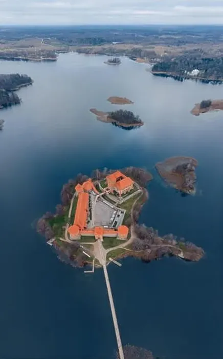 Framed Print : Trakai castle aerial wide vertical drone view, Lithuania Framed Print : Trakai castle aerial wide vertical drone view, Lithuania