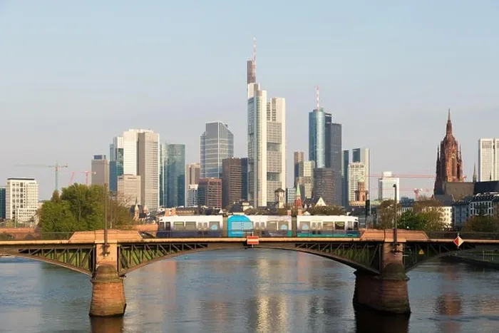 Framed Print : Tram with Frankfurt am Main skyline at morning in Frankfurt, Germany