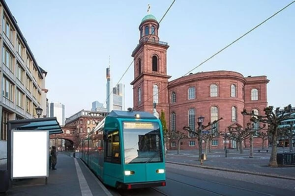 Tram with Frankfurt am Main skyscrapers at morning in Frankfurt, Germany