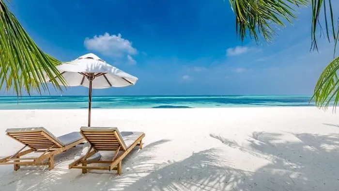 Framed Print : Tranquil beach scene. Exotic tropical beach resort, landscape for background or wallpaper. Luxury beach with loungers, chairs under umbrella palm sand Framed Print : Tranquil beach scene. Exotic tropical beach resort, landscape for background or wallpaper. Luxury beach with loungers, chairs under umbrella palm sand