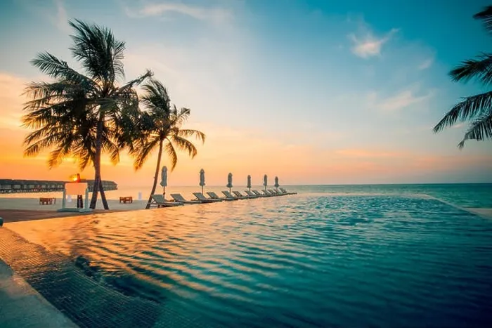 Framed Print : Tranquil infinity swimming pool in sunset sunrise with palm trees and deck chairs and wooden loungers Framed Print : Tranquil infinity swimming pool in sunset sunrise with palm trees and deck chairs and wooden loungers