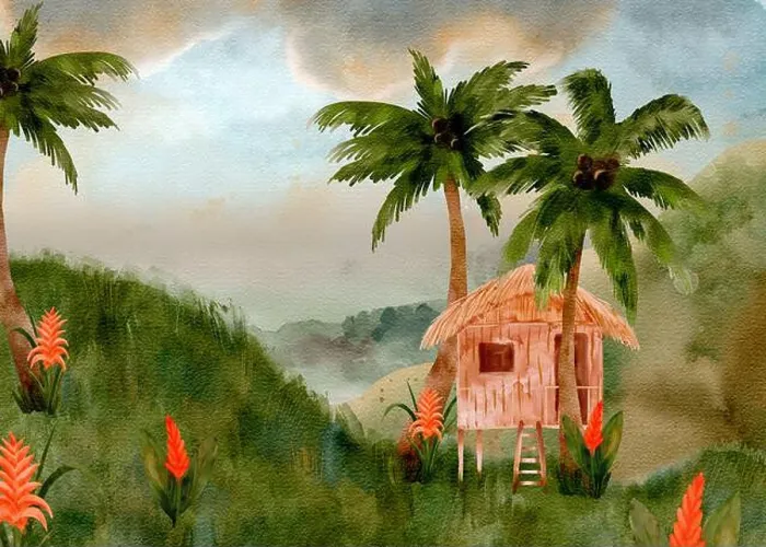 Framed Print : A tranquil and peaceful scene featuring a charming wooden cabin nestled amidst lush palm trees and vibrant flowers Framed Print : A tranquil and peaceful scene featuring a charming wooden cabin nestled amidst lush palm trees and vibrant flowers