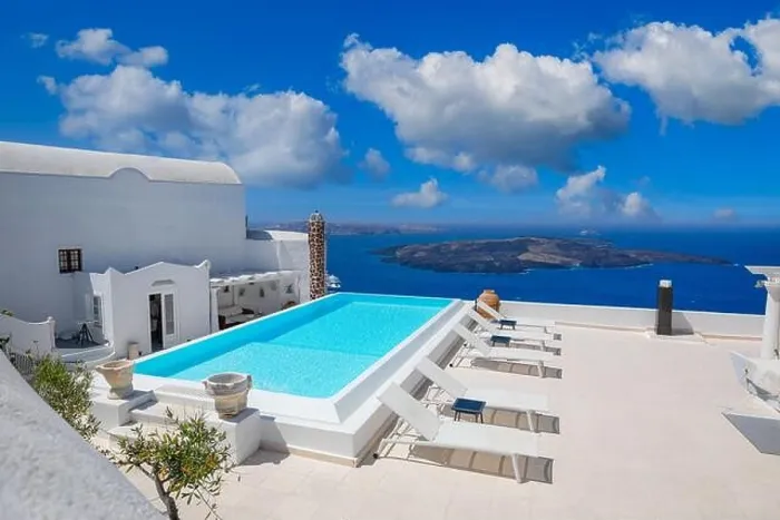 Framed Print : Travel vacation holiday banner. White houses, caldera, pool swimming in the town of Oia on the island of Santorini, panorama. Amazing scenic, luxury Framed Print : Travel vacation holiday banner. White houses, caldera, pool swimming in the town of Oia on the island of Santorini, panorama. Amazing scenic, luxury