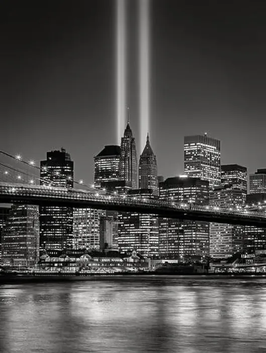 Framed Print : The Tribute in Light, in Lower Manhattan with illuminated skyscrapers of the Financial District, New York City Framed Print : The Tribute in Light, in Lower Manhattan with illuminated skyscrapers of the Financial District, New York City