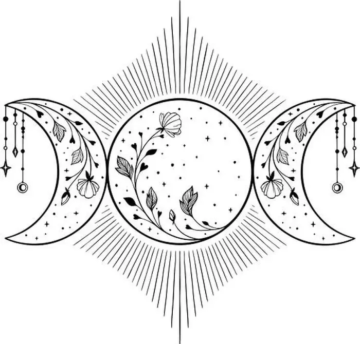 Framed Print : Triple moon symbol with flowers and stars Framed Print : Triple moon symbol with flowers and stars