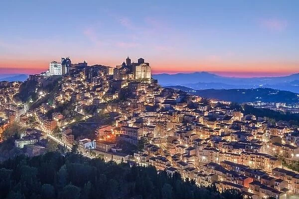 Troina, Sicily, Italy hilltop townscape at dusk