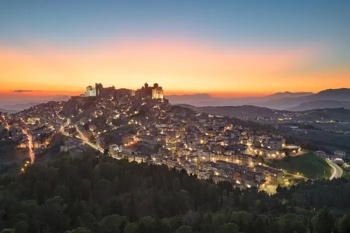 Framed Print : Troina, Sicily, Italy hilltop townscape at dusk Framed Print : Troina, Sicily, Italy hilltop townscape at dusk