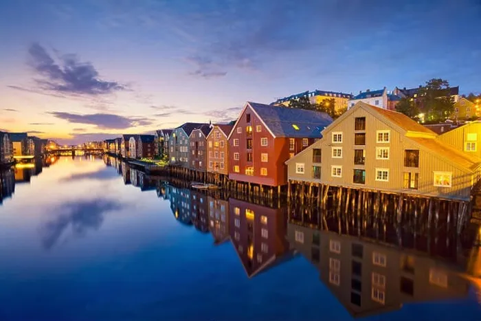 Framed Print : Trondheim. Image of norwegian city of Trondheim during twilight blue hour Framed Print : Trondheim. Image of norwegian city of Trondheim during twilight blue hour