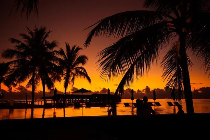 Framed Print : Tropical beach background with palm trees silhouette at sunset. Vintage effect Framed Print : Tropical beach background with palm trees silhouette at sunset. Vintage effect