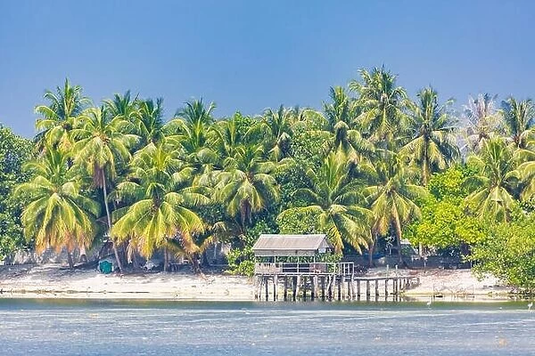 Tropical beach bungalows on a tropical island, travel background