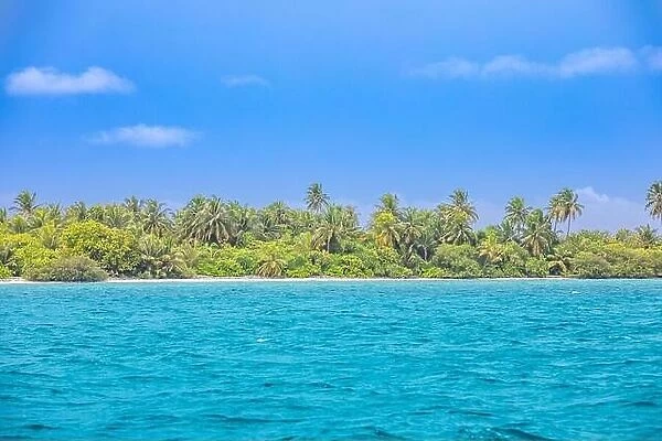 Tropical beach, island paradise from from blue ocean. Aerial landscape, seascape, blue sky. Tr