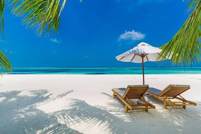 Framed Print : Tropical beach nature as summer landscape with lounge chairs and palm trees and calm sea for beach banner. Luxurious travel vacation holiday landscape Framed Print : Tropical beach nature as summer landscape with lounge chairs and palm trees and calm sea for beach banner. Luxurious travel vacation holiday landscape