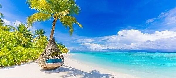 Tropical beach paradise as summer landscape, beach swing hammock and white sand, calm sea serene beach. Luxury beach resort hotel vacation holiday