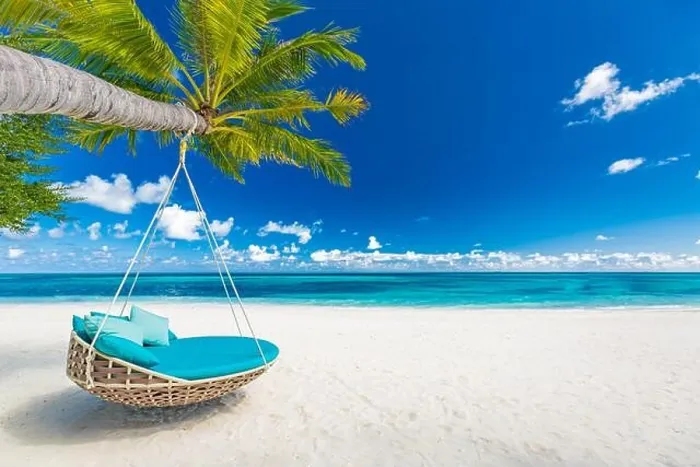 Framed Print : Tropical beach paradise as summer landscape with beach swing or hammock and white sand, calm sea for serene beach. Luxury beach scene vacation summer Framed Print : Tropical beach paradise as summer landscape with beach swing or hammock and white sand, calm sea for serene beach. Luxury beach scene vacation summer