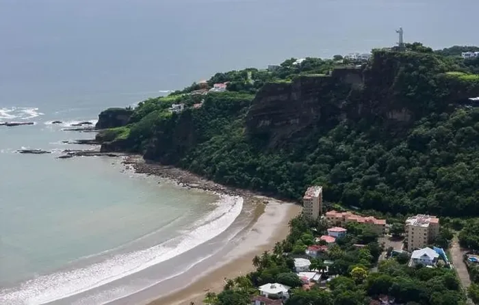 Framed Print : Tropical beach in San Juan Del Sur aerial view on cliff with jesus statue background
